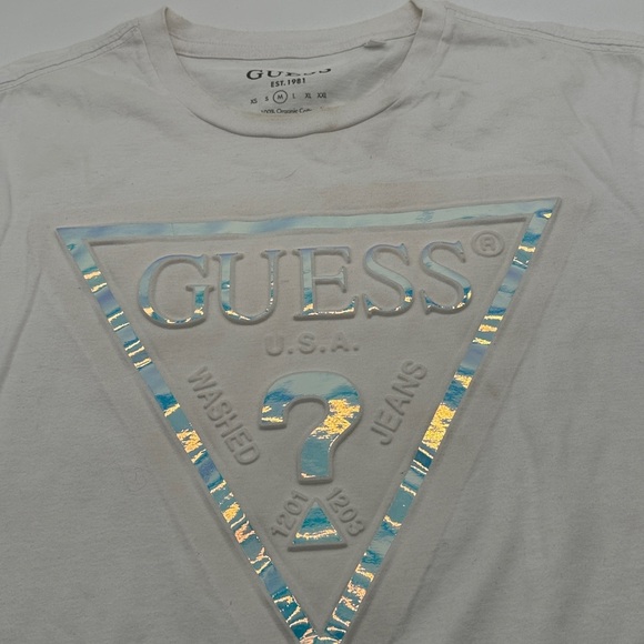 Men’s White Iridescent Guess Logo T Shirt - Picture 5 of 7